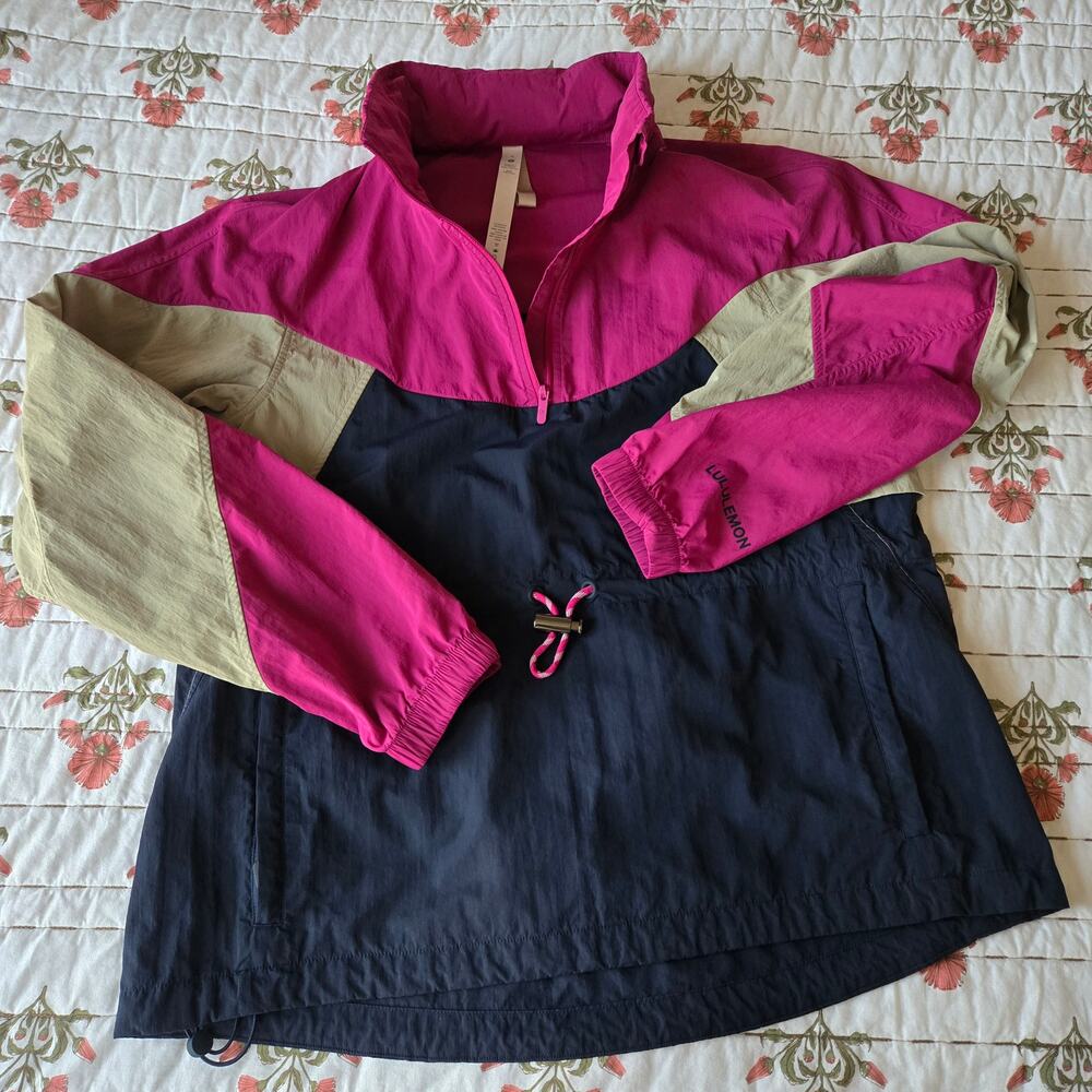 Lululemon Jacket Blockprint Anorak Pink Tan Navy Windproof Packable Size 4 - Picture 2 of 10